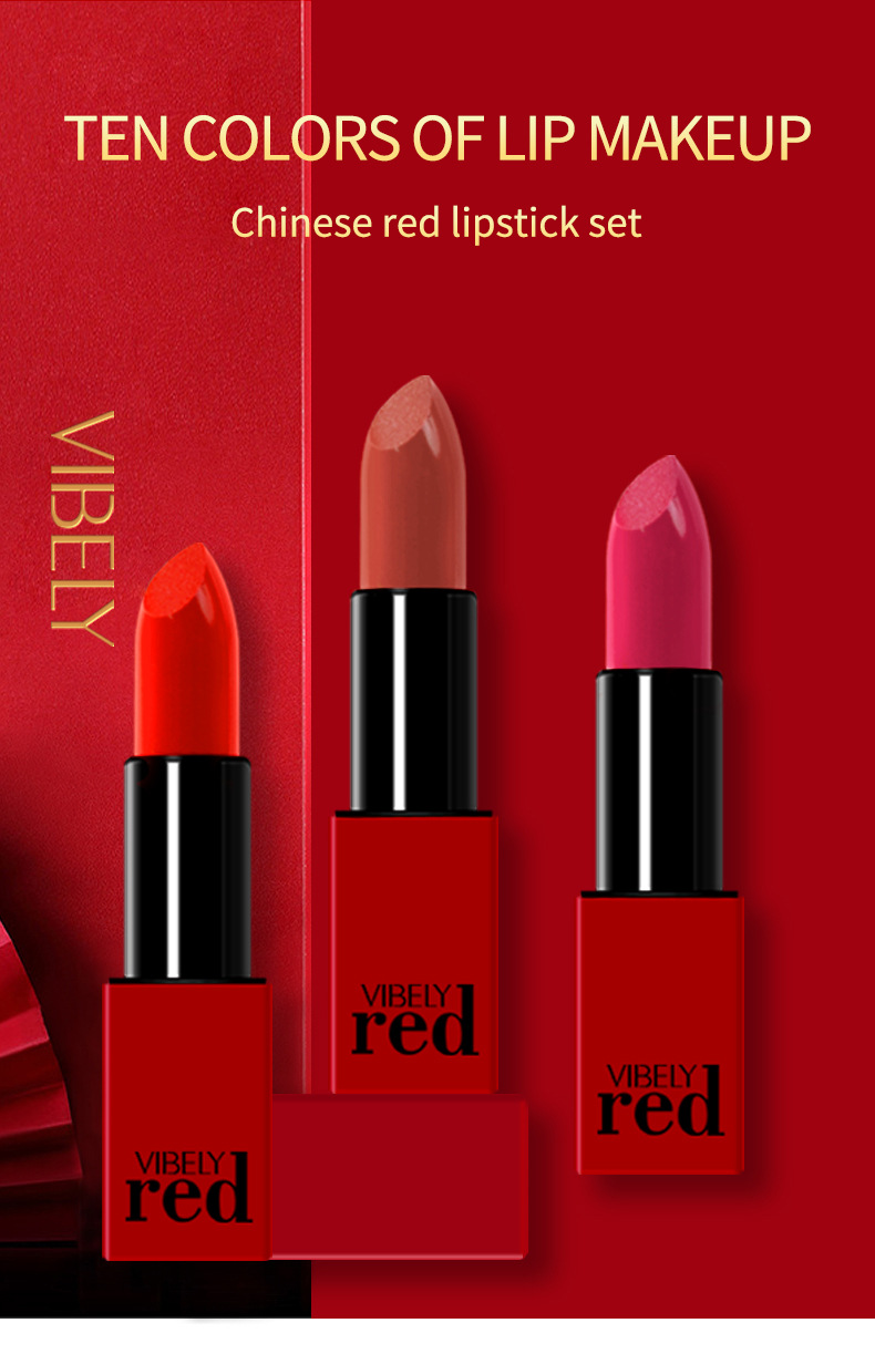 VIBELY China Red Non-Stick Cup Rim Red Gift Box Set of 10 matte matte non-fading Bright Red lipsticks undefined