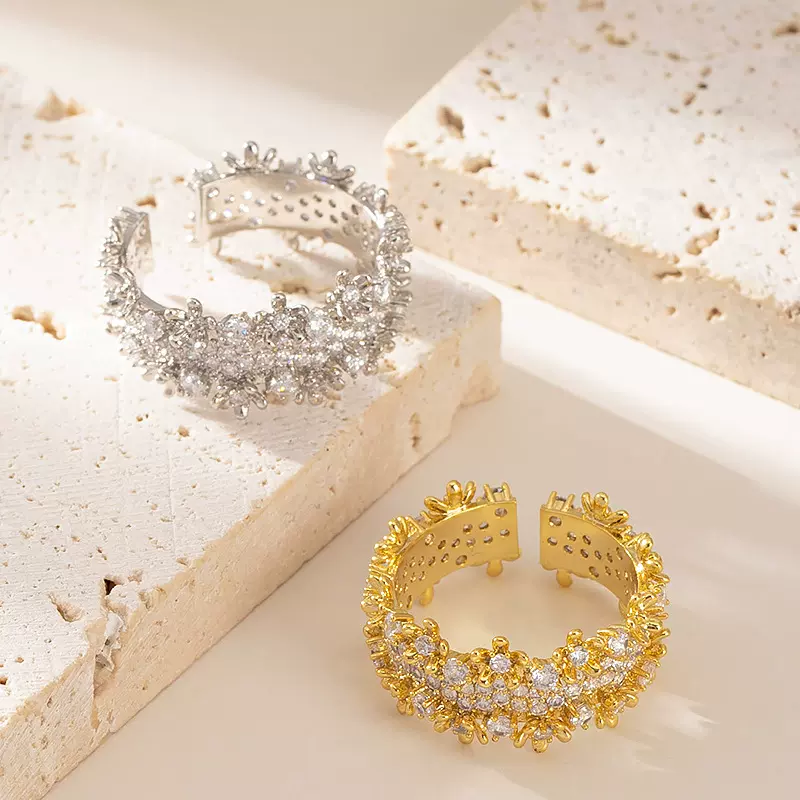 亚马逊跨境时尚超闪满天星镶钻开口戒指不掉色胖手可调节情侣手饰