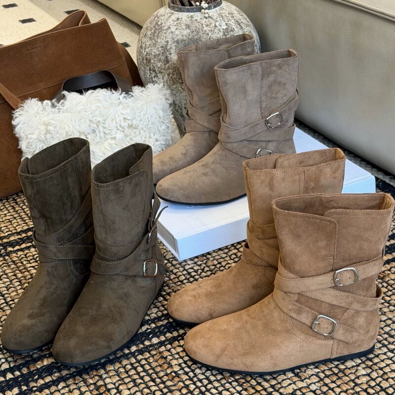 5CM inner height-increasing Korean-style buckle mid-calf boots for women, 2026 new round-toe suede slimming slip-on short boots