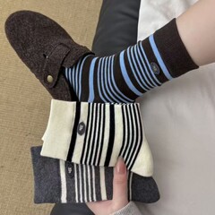 咸系条纹韩系egg扣子吊坠ins堆堆中筒女袜秋冬美拉德配色棉袜女