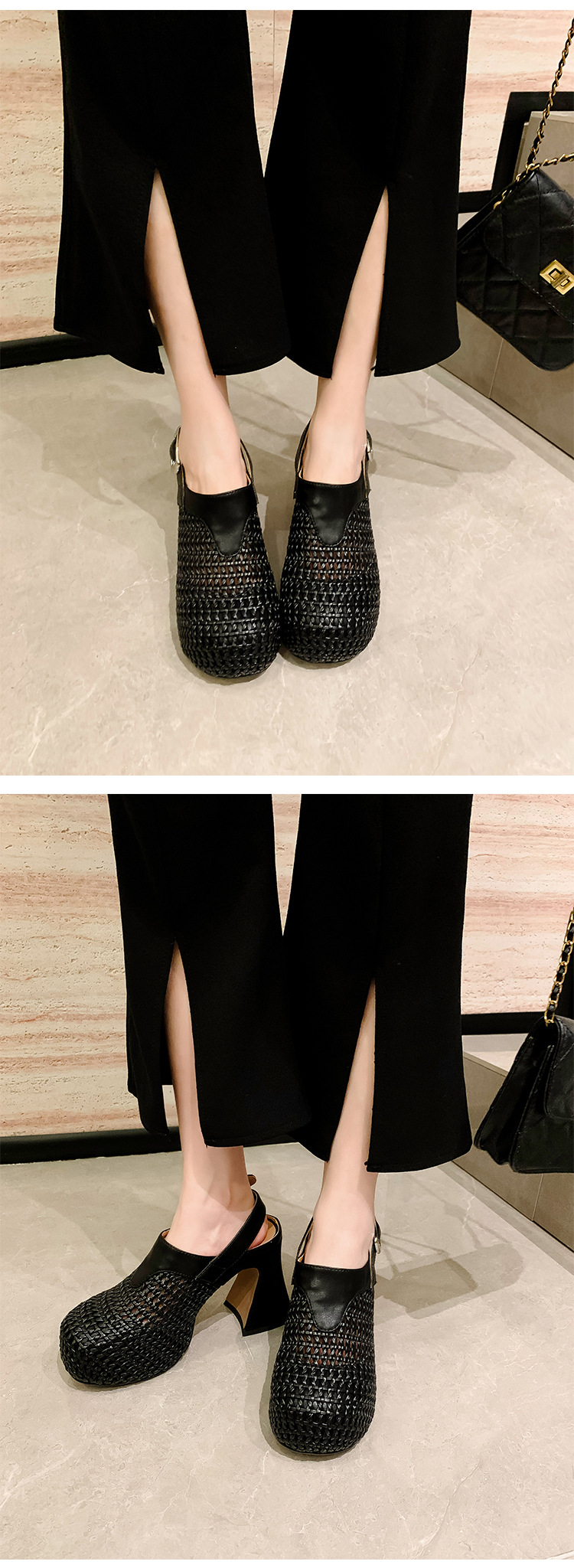 Sandal cao gót nữ đế xuồng platform dệt kim vàng, gót 10 cm, phong cách La Mã — Màu đen, Màu vàng, Màu bạc chi tiết 15
