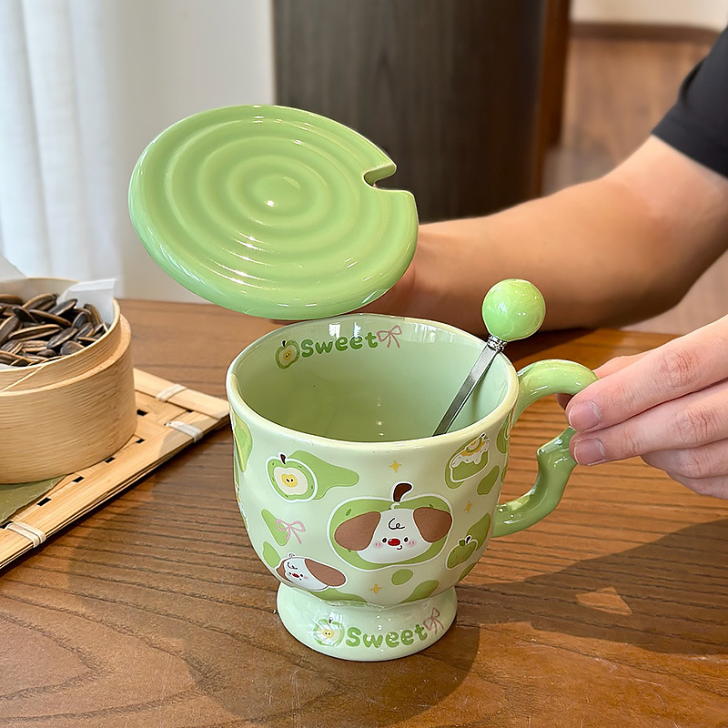 Alto valor facial encantador taza de dibujos animados con cubierta de cuchara taza de agua cerámica pareja de desayuno casero taza de café de leche práctica image 5