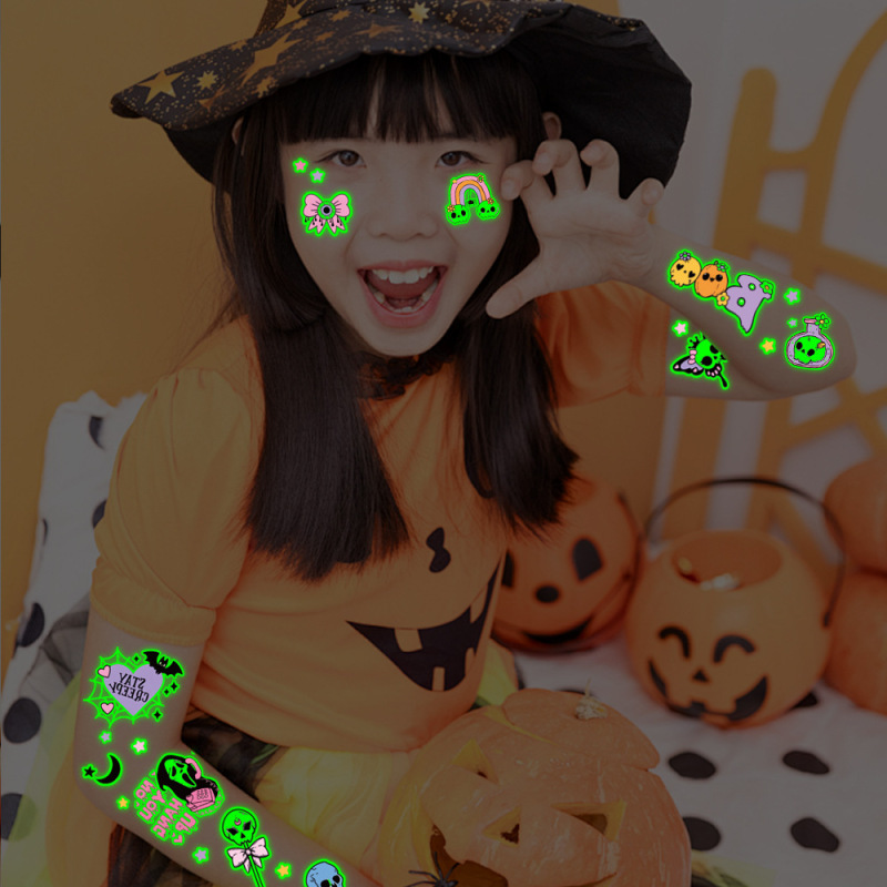 国境を越えた新しい発光ハロウィンタトゥーステッカー子供用漫画かわいいホリデーパーティー一時的な光るタトゥーステッカー|undefined