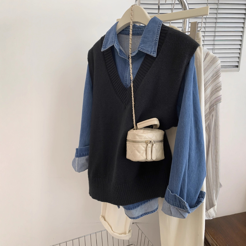 Black Preppy Style V-Neck Sweater Vest for Women, Spring, Autumn and Winter Shirt with Knitted Vest Layered Two-Piece Set