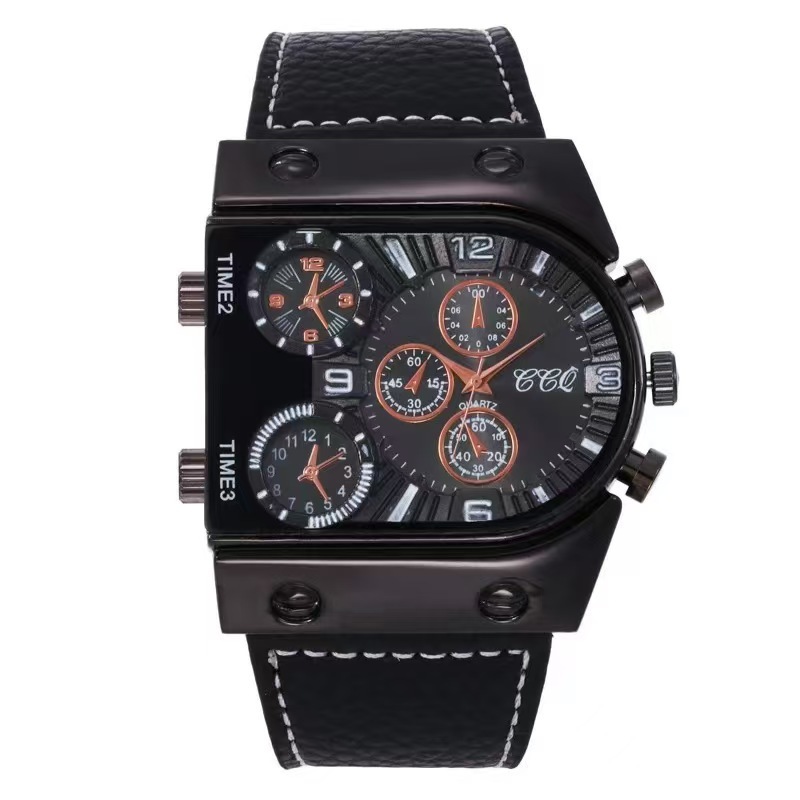 Men's Quartz Sports Watch With Large Dial And Leather Strap_voghion.com