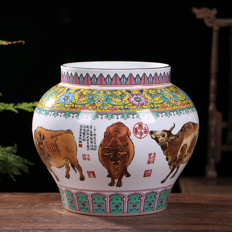 中式仿古五牛图陶瓷大缸 景德镇粉彩瓷器工艺摆件礼品