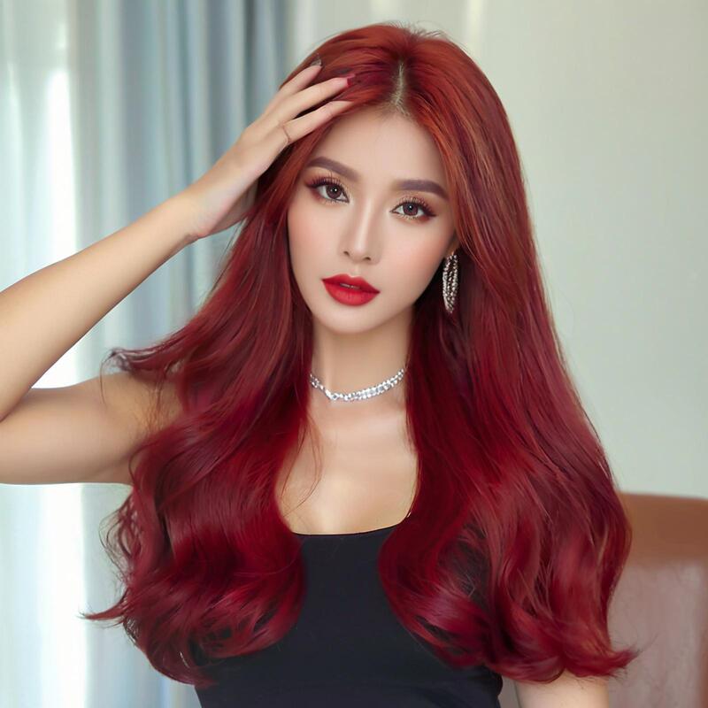 Aliexpress Wig for Women, Burgundy Color, Middle Part, Long Curly Hair, Natural Big Waves, Full Head Cover, European and American Hot Style, Ready for Delivery