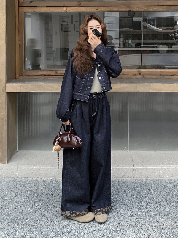 蓝色牛仔套装女秋季2025新款韩系高级感穿搭一整套阔腿两件套拼接|undefined