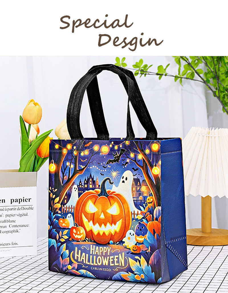 Pumpkin Graphic Laminated Nonwoven Black Handle Tote Bag 6