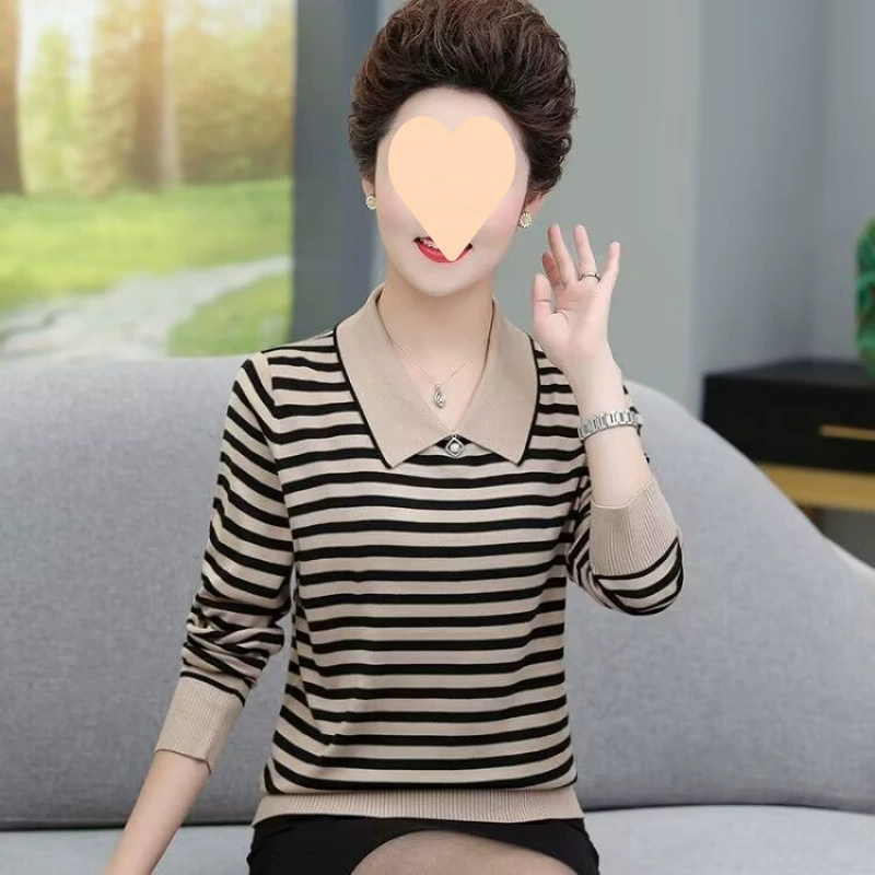 Модные свободные тонкие трикотажные рубашки для женщин среднего и пожилого возраста на весну и осень для мам, модные и универсальные топы для женщин.