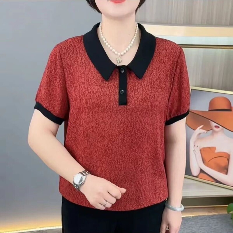 2025 New Stylish Doll Collar Color-Blocking Middle-Aged Mom's Casual Versatile Slimming Age-Reducing Thin Elegant Blouse