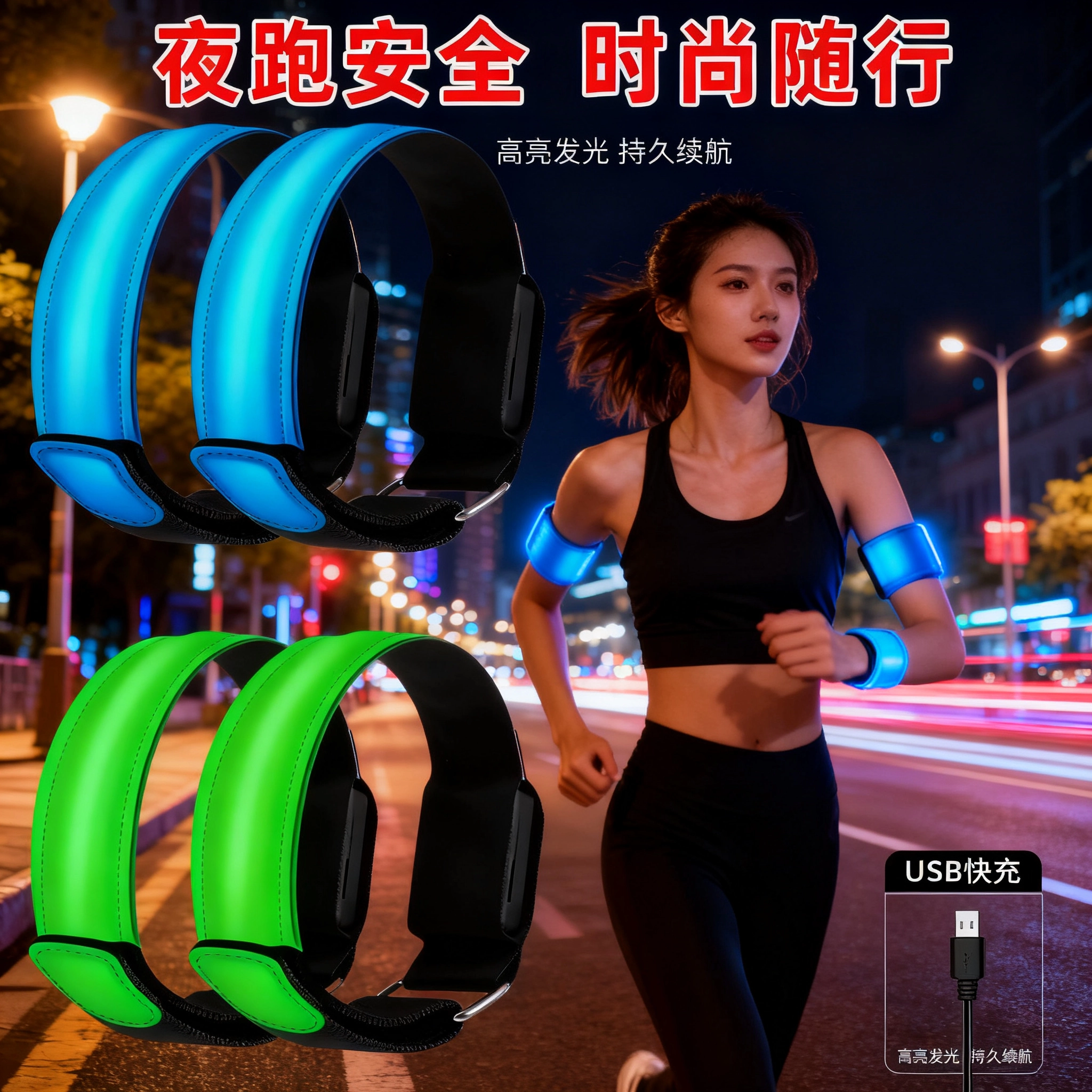Светодиодный светящийся браслет с USB-зарядкой, водонепроницаемый, для ночного бега, езды на велосипеде и занятий спортом, регулируемый энергосберегающий световой пояс.