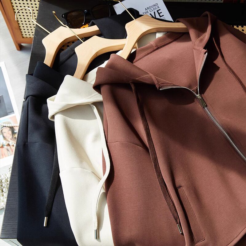 Soft Smooth Lightweight Air Cotton Slim Shaped Shoulder Sleeves Front Short Back Long Arc Hem Casual Hooded Zipper Sweater Jacket