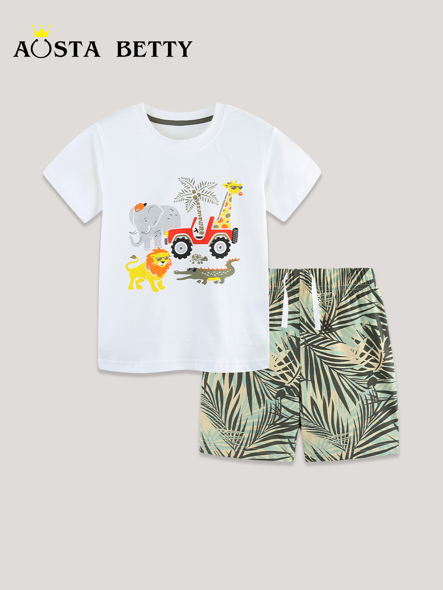 2026 set de niños de verano estilo europeo y americano impresión de mangas cortas para niños dos piezas set de capas de algodón para niños