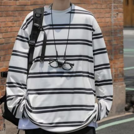 Retro Instagram Striped Long-Sleeve T-Shirt for Men, Loose Fit, Hong Kong Style, Japanese Inspired, Casual Basic Top, Crew Neck T-Shirt