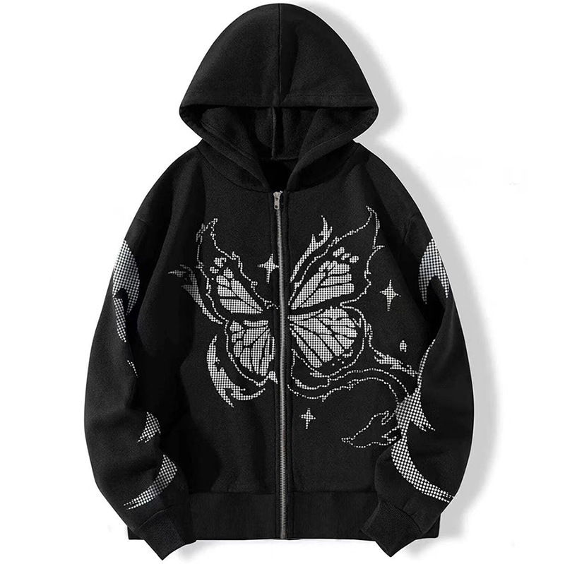New Y2K Hd Dot Matrix Butterfly Print Zipper Sweatshirt Casual Loose Sweatshirt Men's Cardigan Jacket