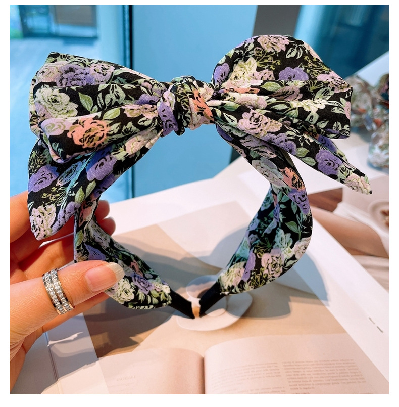 Retro Rose Printing Large Double Bow Headband display picture 1