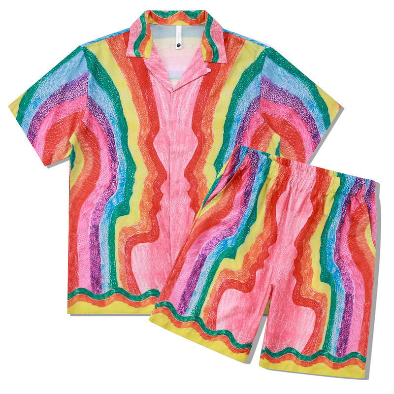 Chao Shen's Retro Chao Brand Beach Casual Short-sleeved Cover Full Print Rainbow Flower Shirt Hawaiian Cardigan Men's Summer