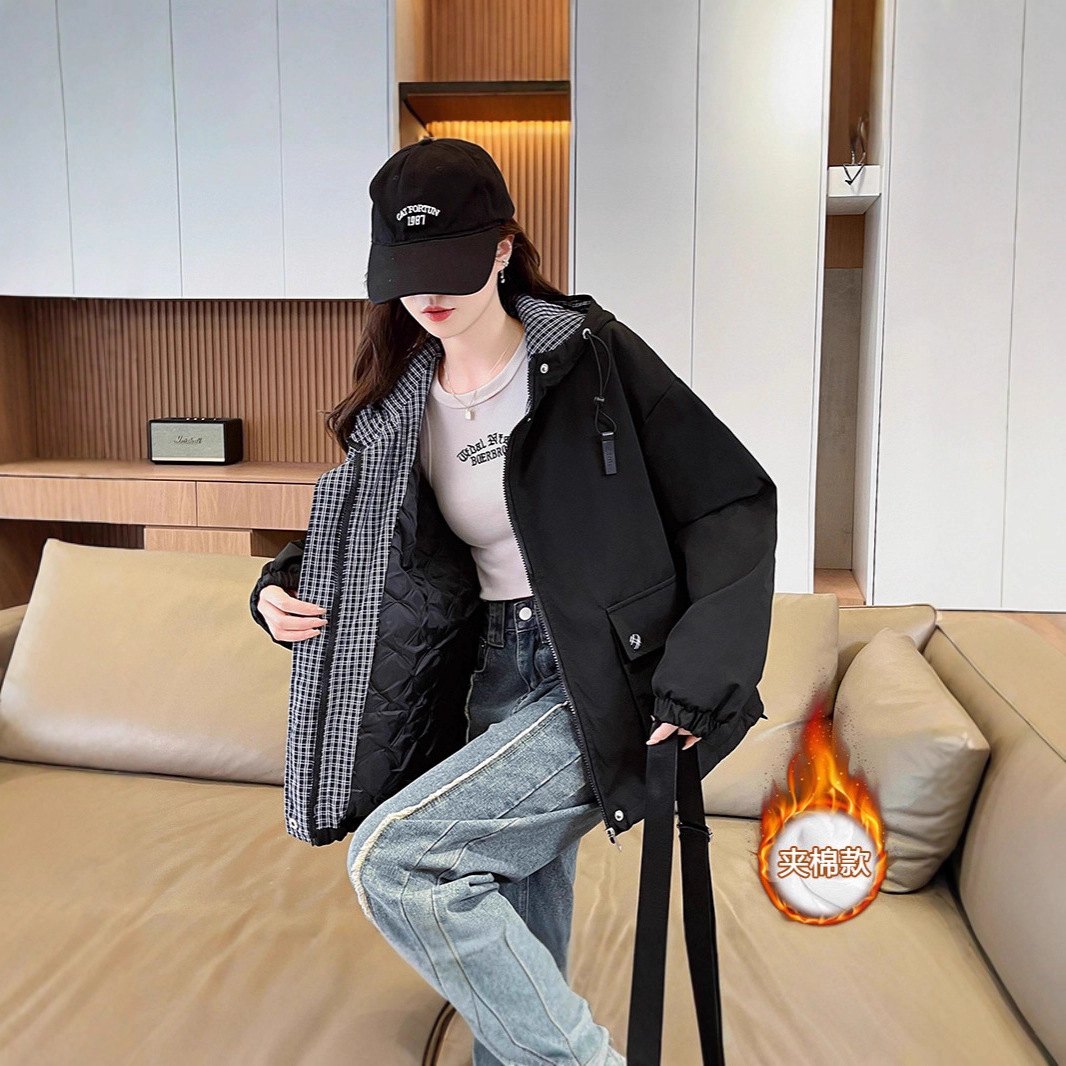 尚休闲连帽拼色风衣外套女2026秋冬新款夹棉加厚百搭工装夹克衫