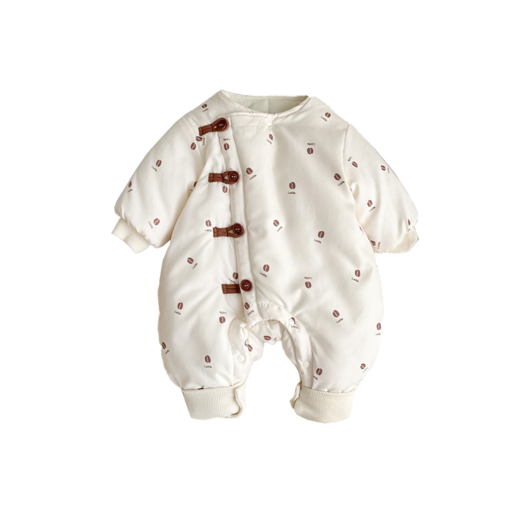 2024 nuevo bebé de invierno versión coreana de dibujos animados estilo extranjero lleno de granos de café gruesos, cálidos y cómodos, una pieza suave