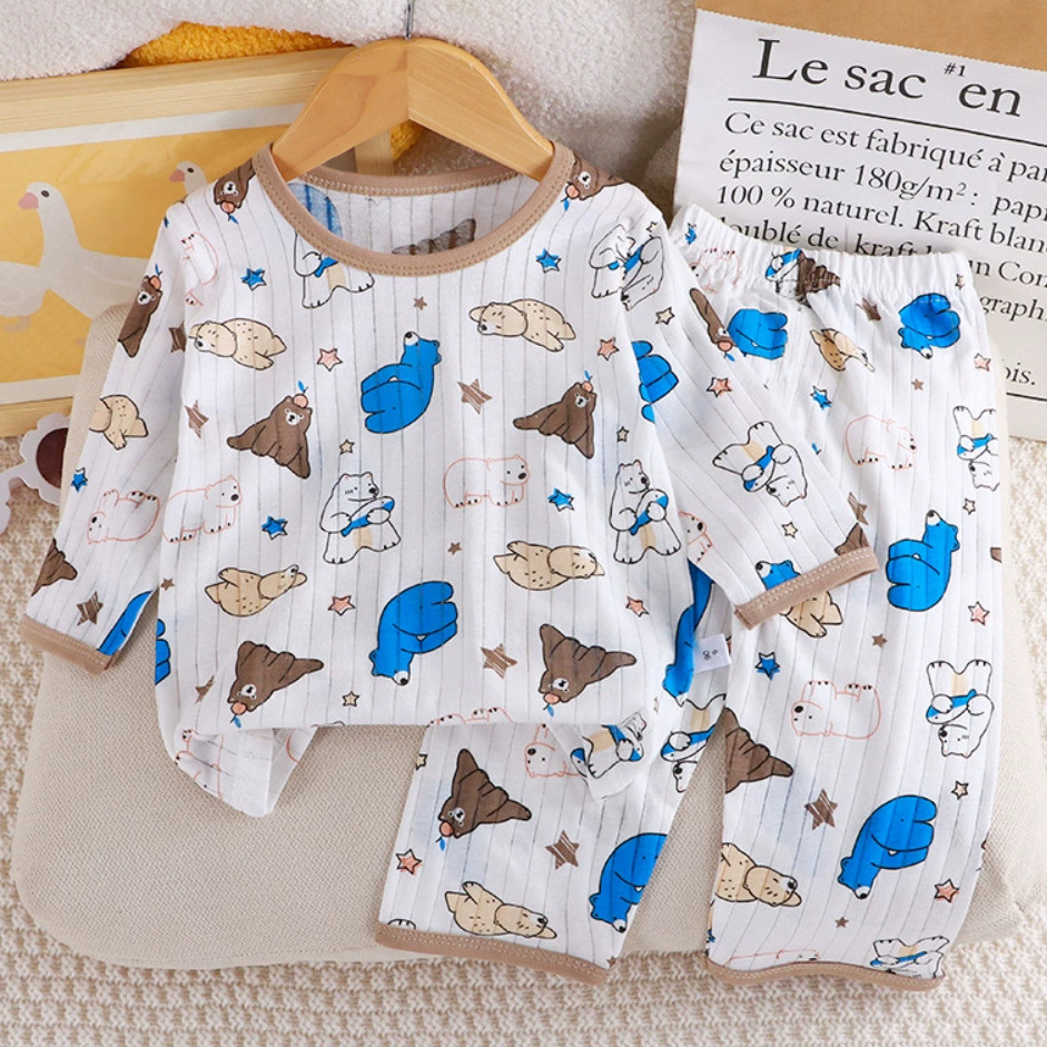 儿童家居服纯棉空调服男童女童睡衣套装a类夏长袖无骨薄全棉