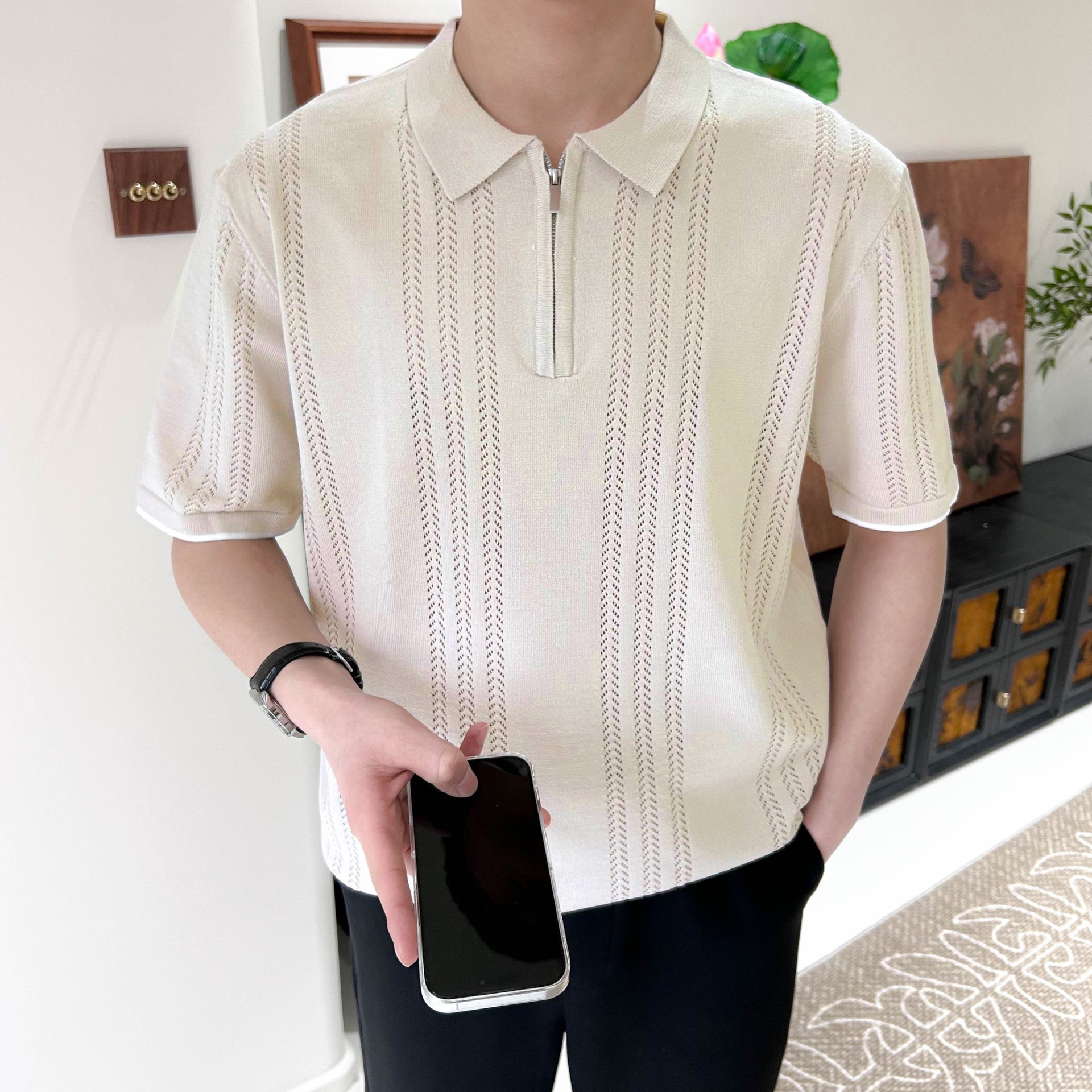 Polo camiseta de punto camiseta de manga corta hombre solapa medio cremallera hueso de pez hueco camiseta de hielo de verano fábrica transfronteriza al por mayor
