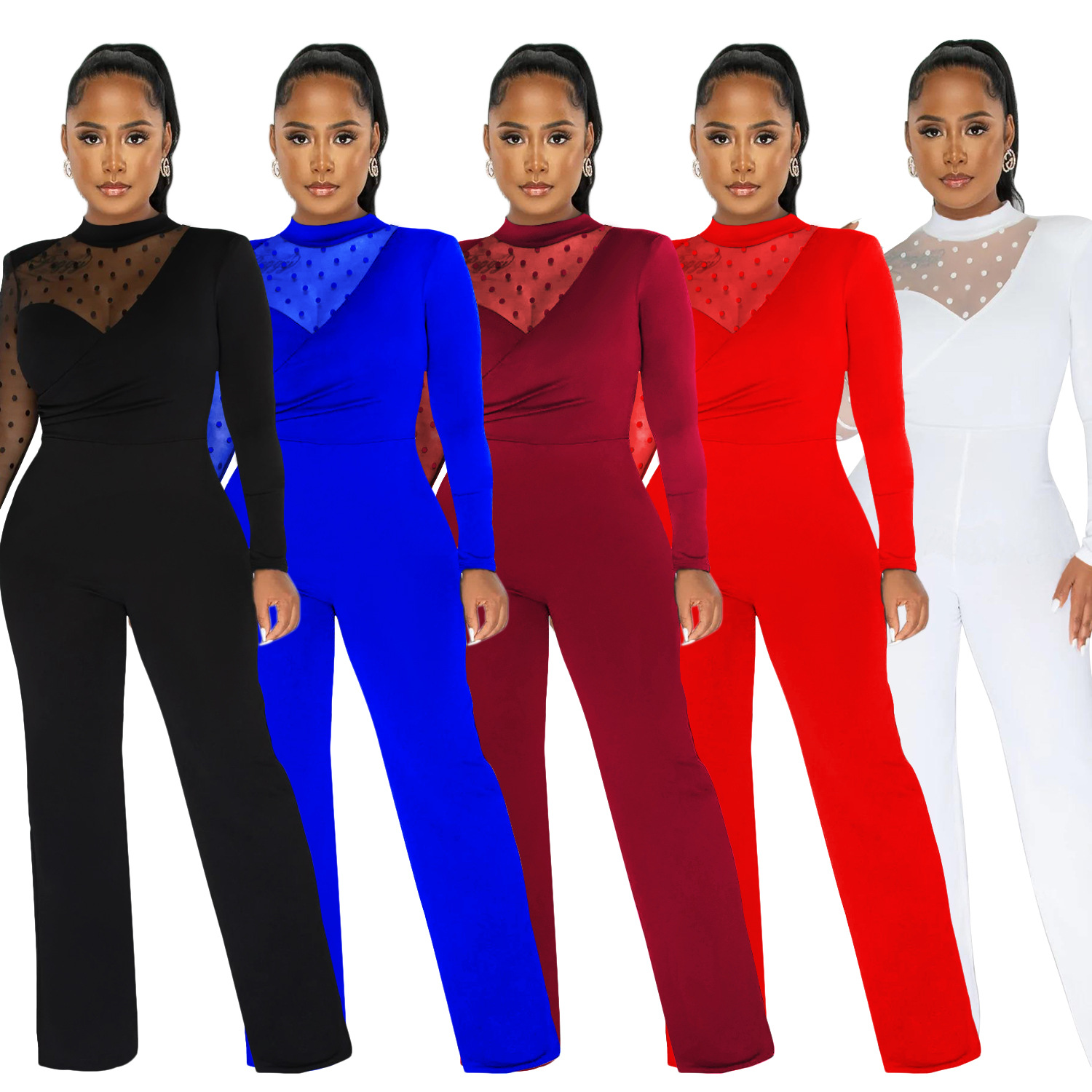 Women's Clothing fashion women's polka dot mesh see-through long-sleeved trousers solid color jumpsuit_voghion.com