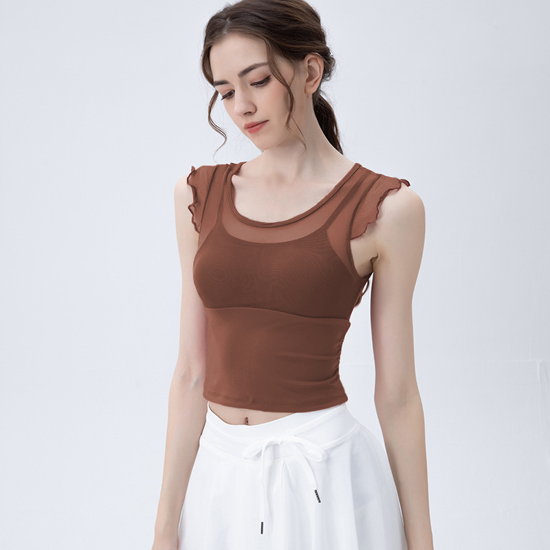 跨境新款瑜伽服夏裸感瑜伽背心女網紗帶胸墊上衣速干透氣運動短袖