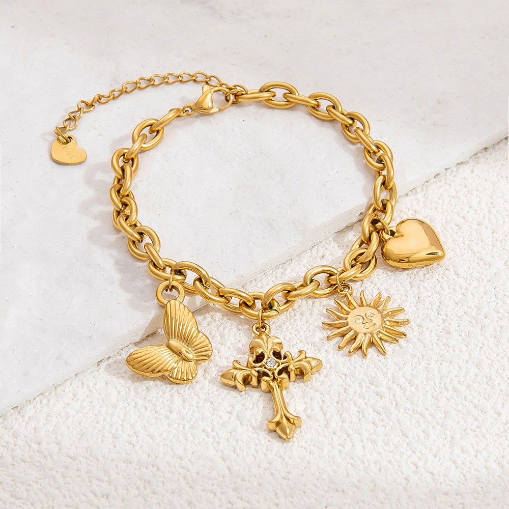 304 Stainless Steel Chain Material 1 Piece Quantity PVD Coated Real Gold Plated Cross Moon Heart Shape 304 Stainless Steel Modern Style Classic Waterproof Non Tarnish Bracelets