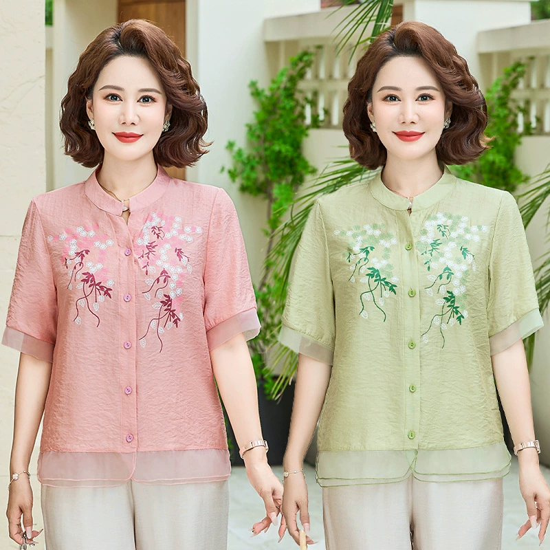 Мама среднего возраста летняя рубашка с вышитым рукавом из семи точек