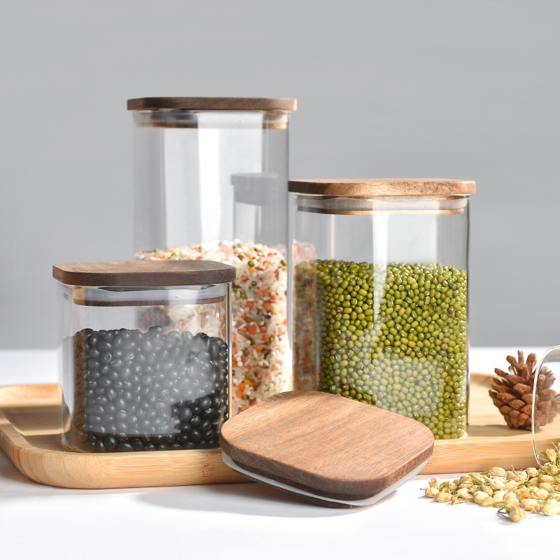 批发玻璃密封罐厨房储物罐五谷杂粮方形木盖梅森罐食品包装玻璃罐
