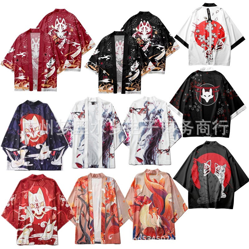 跨境新款 狐狸 数码印花日式原宿和服披风外套睡衣开衫夏季
