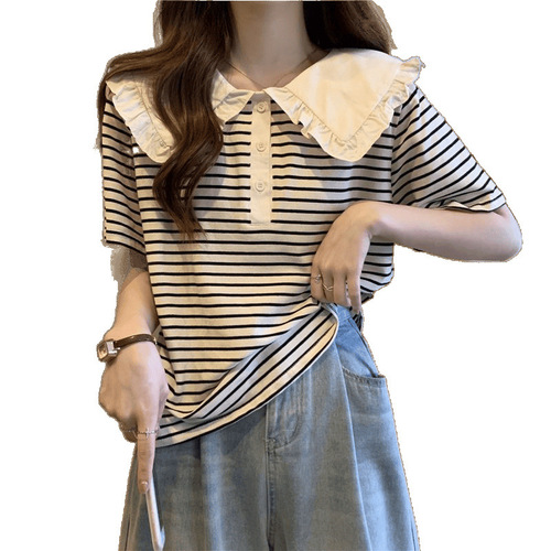 Large size fat baby collar stripe ruffled short-sleeved shirt for women, loose slimming belly-covering top for women, 2- 300kg