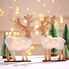 2025 新しいクリスマス木製装飾デスクトップヘラジカの男性と女性の白い毛が光る小さな装飾品ウィンドウ装飾