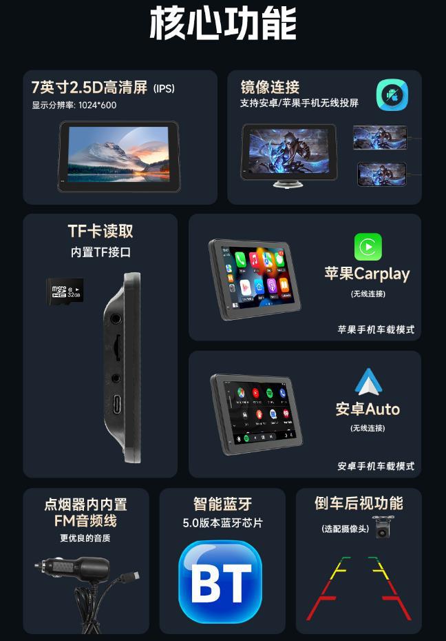 7inch Wireless Carplay Portable Screen Bluetooth Connectivity Fm Transmitter Hd Reversing Camera Car Smart Device