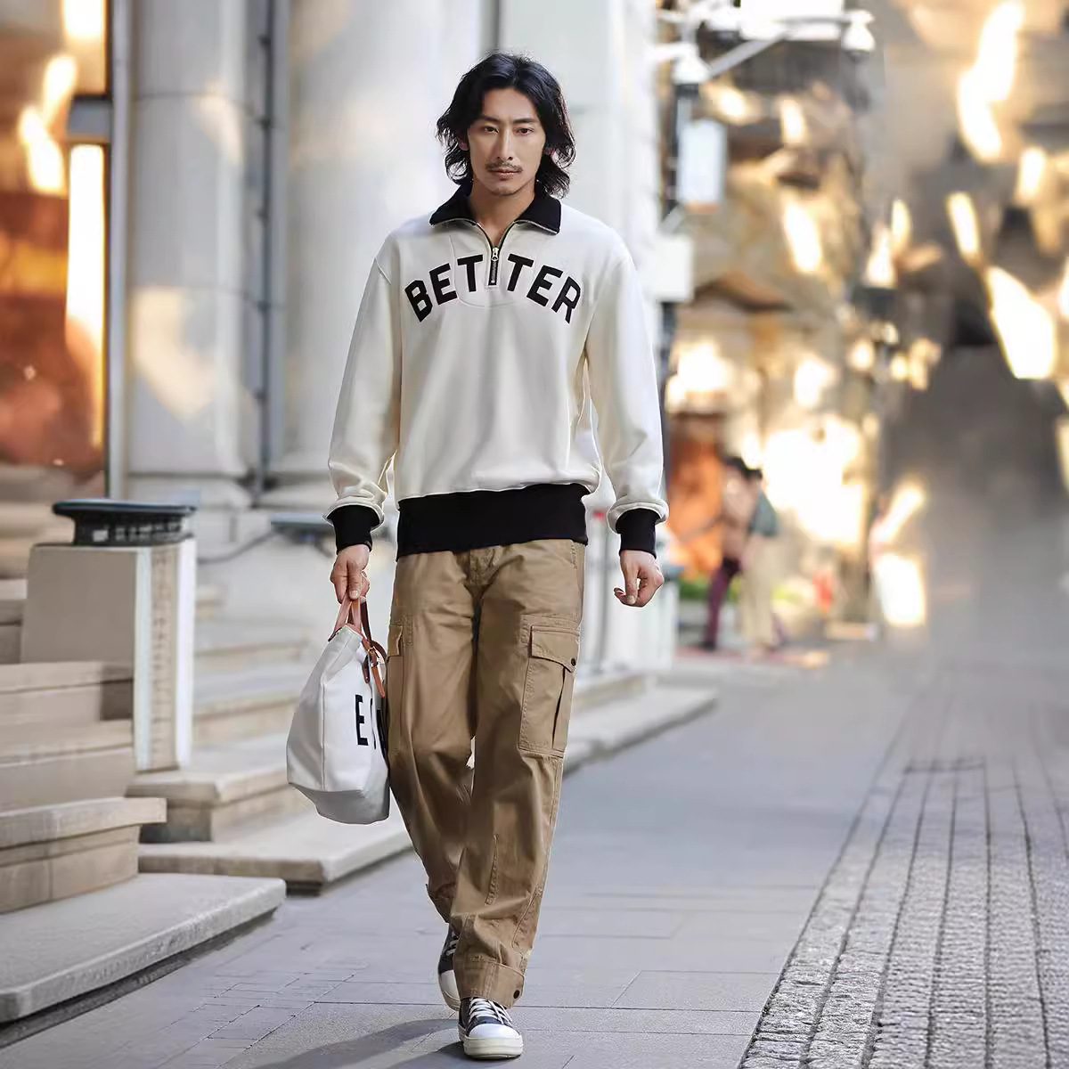 OKONKWO heavy color matching media cremallera solapa suéter engrosada bordado medio pecho cremallera cuello alto suéter