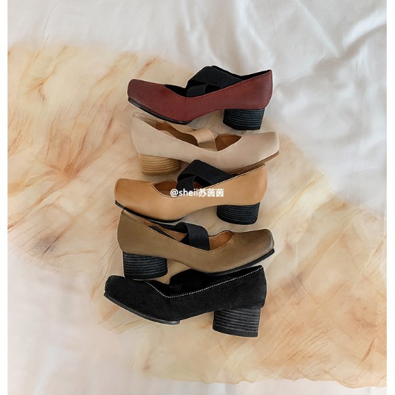 【Grape Mom's Style】Washed Horse Print~Umw Pig Nose Retro Cross-Strap Chunky Heel Ballet Flats Women's Shoes