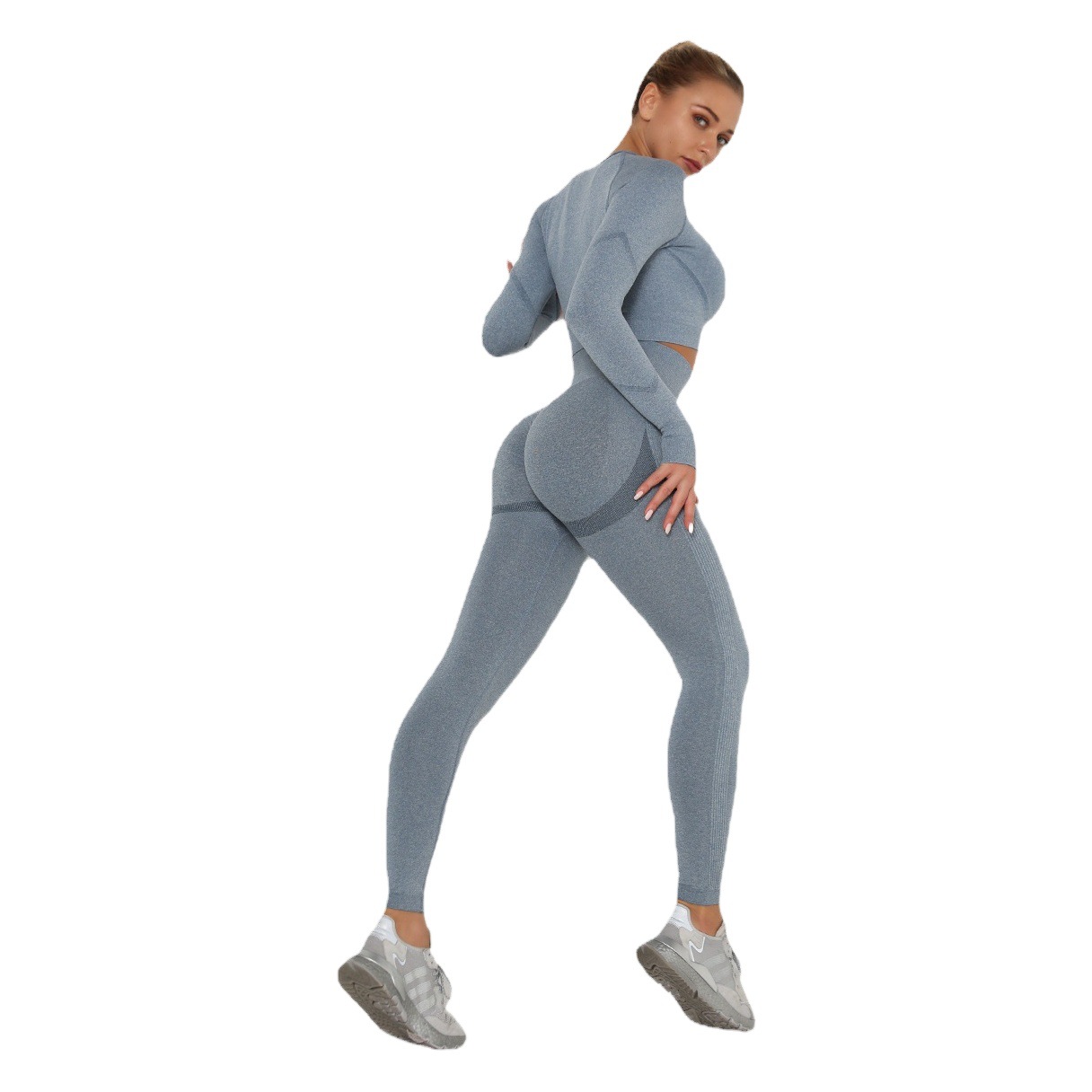 Ropa de yoga sin costuras plisada europea y americana traje de mujer de cintura alta melocotón apretado deportes manga larga fitness yoga pantalones conjunto de dos piezas