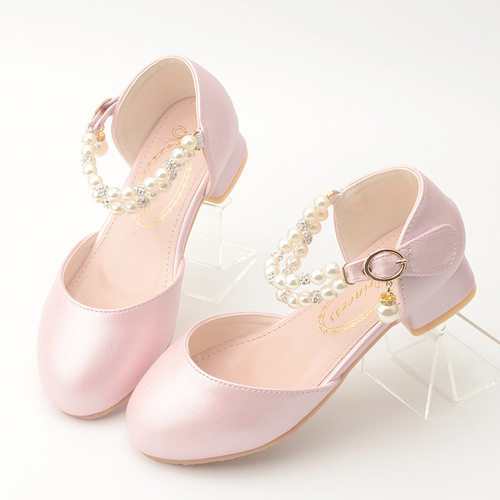 Spring and autumn new style sparkling diamond pearl girls high-heeled princess shoes Korean version student white performance leather shoes children's shoes