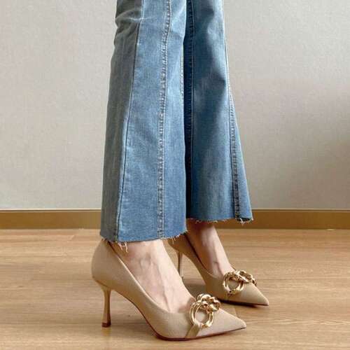 Nude High Heels Women's New Miniature Metal Chain Soft Leather Pointed Toe Thin Heel Soft Sole Elegant Lady Single Shoes