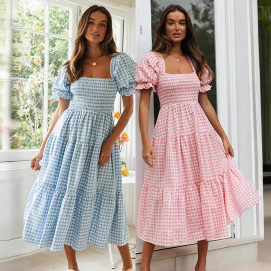 2025 Spring and Summer European and American Export Amazon Wish Aliexpress Independent Station Women's Plaid Puff Sleeve Dress