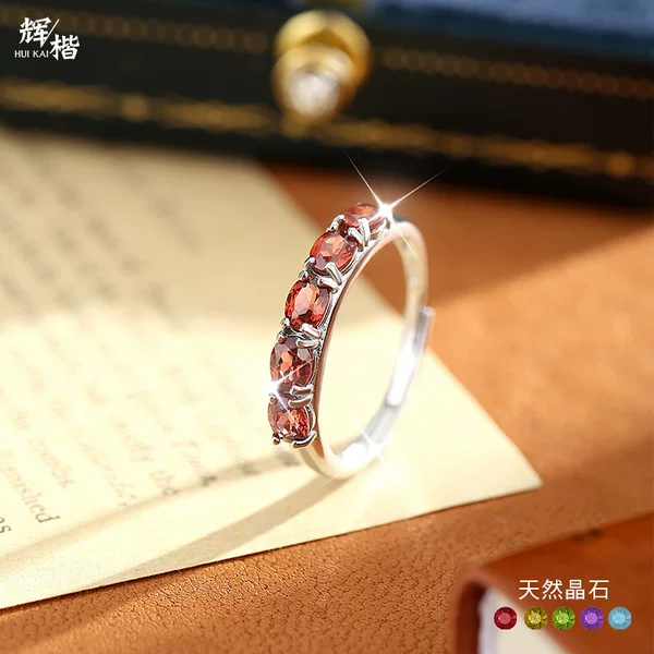 Natural Garnet Ring S925 Sterling Silver Ring Niche High-End Crystal Stone Open Ring Xiaohongshu Hot Style