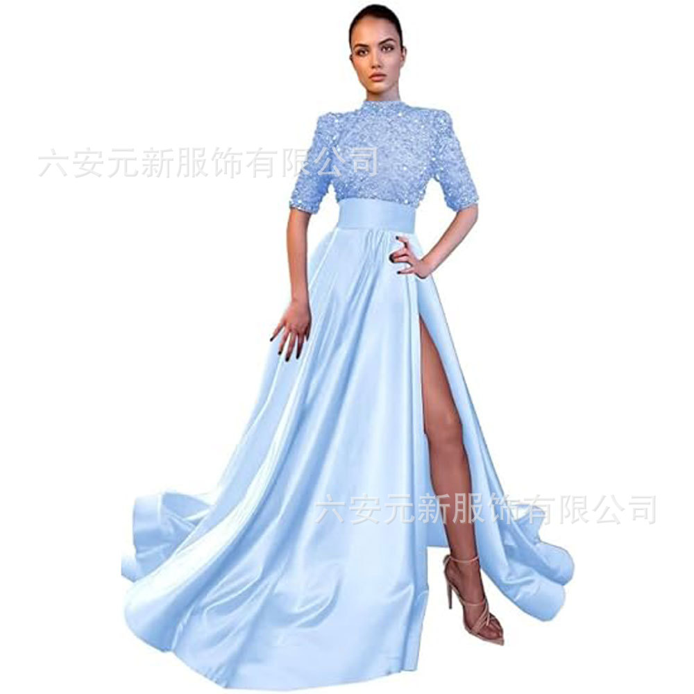 Europeo y americano Amazon AliExpress vestido de fiesta media manga lentejuelas satén vestido de noche A-line vestido de fiesta de hendidura image 22