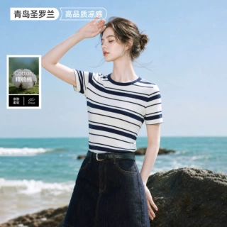 女装彩条纹短袖女t恤蓝色针织衫女款打底衣上衣半袖夏高级感品质