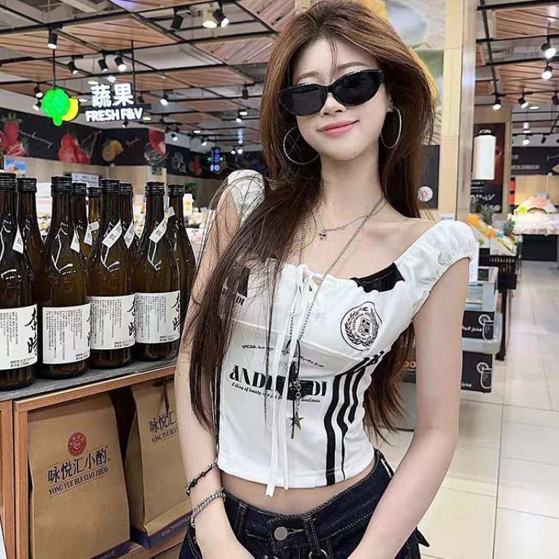 White Letter Printed Camisole Ball Uniform Women's Summer American Sexy Outer Wear Sports Sleeveless Short Top