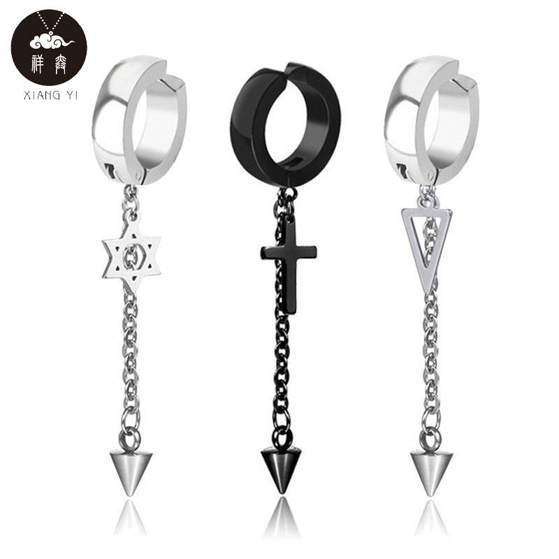 Non-Pierced Ear Clips with Tassels, Five-Pointed Star Earrings, Vintage Cross Ear Pendants, Stainless Steel Ear Accessories, Versatile, Fresh and Sweet