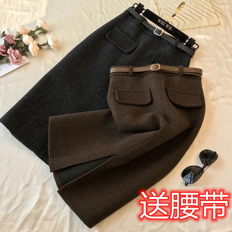 毛呢半身裙2025新款洋气开叉半身裙梨形外穿中长款冬天厚款裙子|undefined