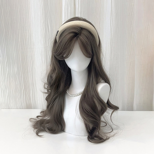 Mint Rice Brown Wig for Women with Long Hair, Middle Parted and Eight-Character Bangs, Age-Reducing, Big Waves, Long Curly Hair, Atmospheric Full Headgear Style