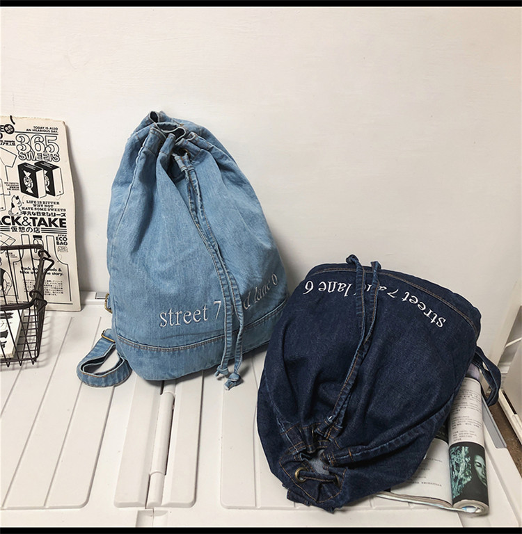 Korean Style Solid Color Denim Lace-up Backpack 28*13*37cm display picture 8