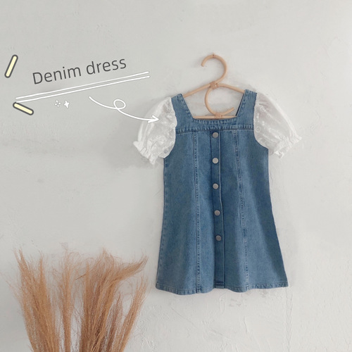Women's Cowboy Dress 2024 Summer New Arrival Baby Girl Korean Style Bubbling Sleeve Splicing Princess Dress Wholesale